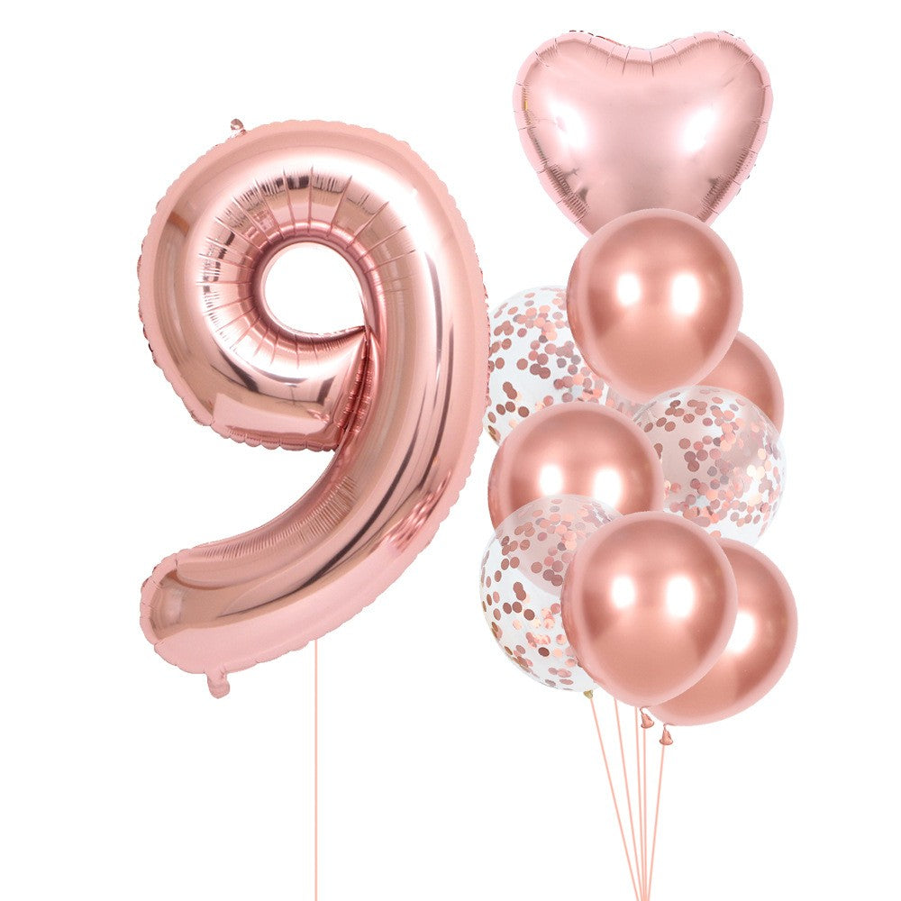 Set 10 Baloane Folie si Latex, ANGELBEAR, Tematica Aniversare, Baloane Latex 25cm, Figurina Inimioara 45 cm, Cifra 9 de 81 cm, Ambalaj Individual, Pai Inclus, Umflare cu Aer sau Heliu, Roz Pal